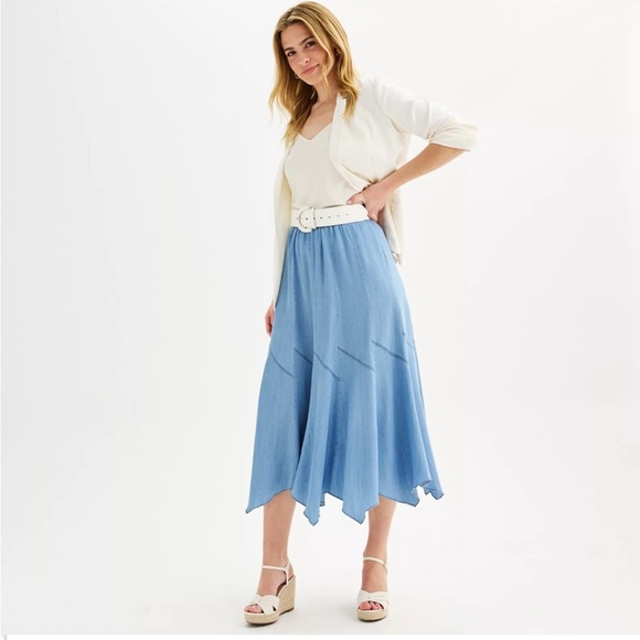 Philosophy Skirt Blue Chambray Sz Med Pull-On Angled A-Line Seamed Rock-A-Billy - Picture 7 of 16
